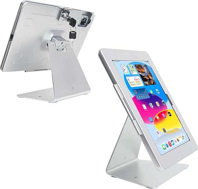 Desktop Anti-Theft Security Kiosk Stand Holder for 2025 iPad 11" (A16) 11th / 2022 iPad 10.9" 10th Gen.,with Lock & Key,Flip &360°Rotating Horizontal or Vertical,Metal(Silver)