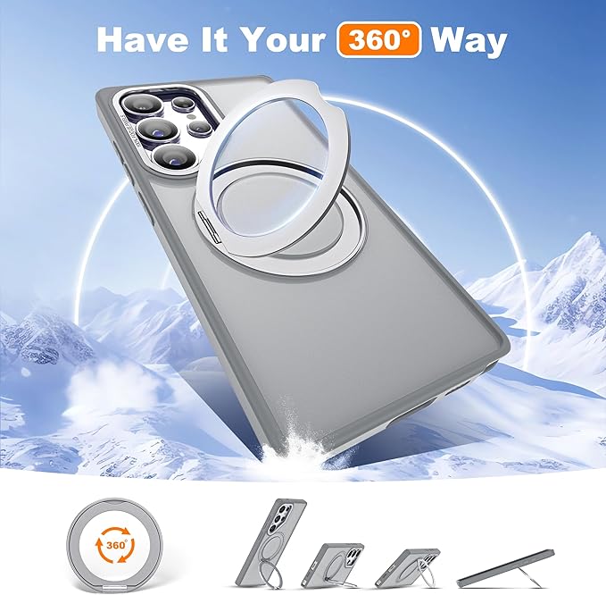 for Samsung Galaxy S25 Ultra Case with 360°Rotatable Magnetic Ring Stand Compatible with Mag-Safe Military Protection Shockproof Matte Translucent Phone Cases for S25 Ultra 6.9",Gray