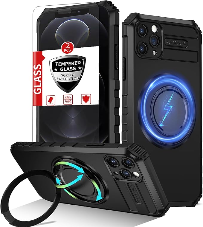 for iPhone 12 Pro Case Compatible with MagSafe Magnetic,with 2 Screen Protectors,Built-in 360° Kickstand Ring,Military Grade Drop Shockproof Heavy Duty Protection for 12 Pro Phone Case Black