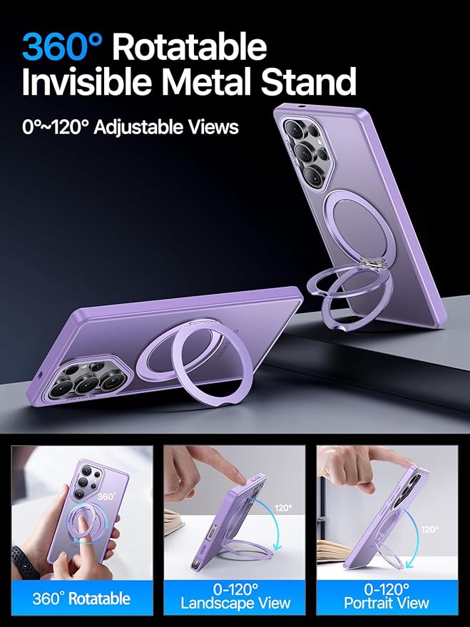 QTlier Phone case for Galaxy S25 Ultra- 360 Rotatable Magnetic Ring Stand, Military-Grade Protection, Raised Camera Frame Lilac