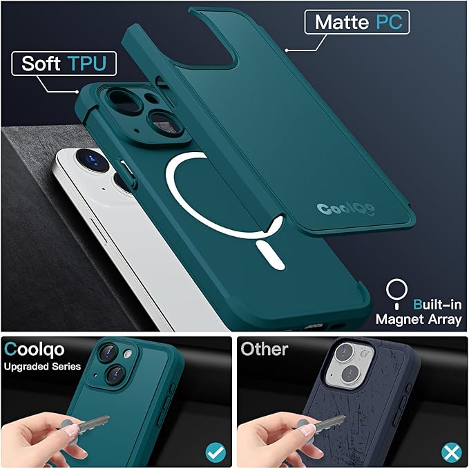 COOLQO Magnetic for iPhone 13 Case, Compatible with MagSafe, Dual Layer Design Military Grade Protection, Translucent Matte Scratch-Resistant Back Protective Shockproof Phone Case, Green