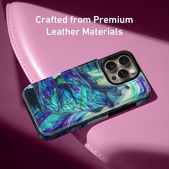 FUNMIKO for iPhone 13 Pro Max Wallet Case with Card Holder, RFID-Blocking, Military-Grade Protection & UV-Printed Artwork, Magnetic Closure with Leather Kickstand - Prismatic Aurora Bear