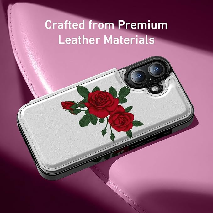 FUNMIKO for iPhone 16 Wallet Case with Card Holder, RFID-Blocking, Military-Grade Protection & UV-Printed Artwork, Magnetic Closure with Leather Kickstand - Blooming Red Rose