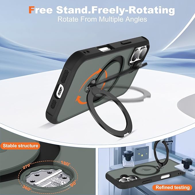 Compatible with iPhone 17 Case with Invisible Magnetic 360°Spin Stand,Military-Grade Shockproof Protection [Compatible with Mag-Safe] Non-Slip Edge Translucent Case (6.3",Black)