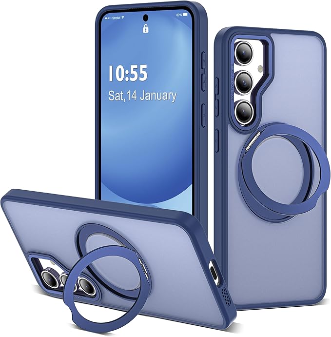 for Samsung Galaxy S24 FE Case with 360° Rotatable Magnetic Ring Stand Compatible with Mag-Safe Military Protection Shockproof Matte Translucent Phone Cases for S24 FE,Blue