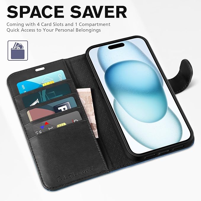 TUCCH Case Wallet for iPhone 15 6.1", Protective [TPU Shockproof Inner Shell], PU Leather [RFID Blocking] [4 Card Holder] Magnetic Closure Stand Cover Compatible with iPhone 15 6.1", Black&Light Blue