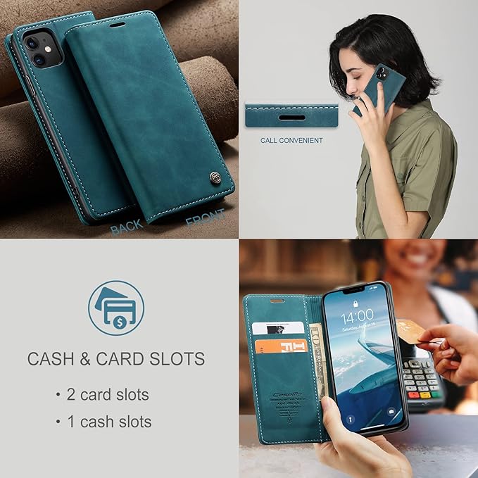for iPhone 11 6.1-Inch Case, Flip Wallet Leather Case with Card Holder Magnetic Closure Shockproof Kickstand Protective Phone Cases Cover for iPhone 11, Blue-Green