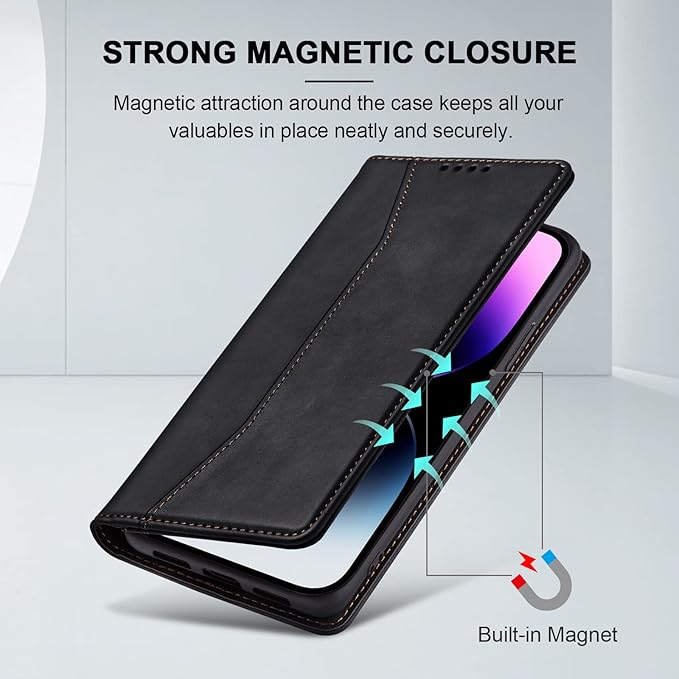 Jasonyu Flip Wallet Case for iPhone 14 Pro Max 5G,Leather Magnetic Folio Cover with Card Holder,Kickstand - TPU Shockproof Durable Protective Phone Case,Black