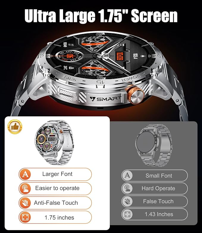 LIGE 1.75" Super Large AMOLED Round Smart Watches for Men with LED Flashlights, Outdoor Military Smartwatch for Android iOS, 100+ Sports, IP68 Waterproof, 200+ Watch Faces, 730mAh, Silver Metal Strap