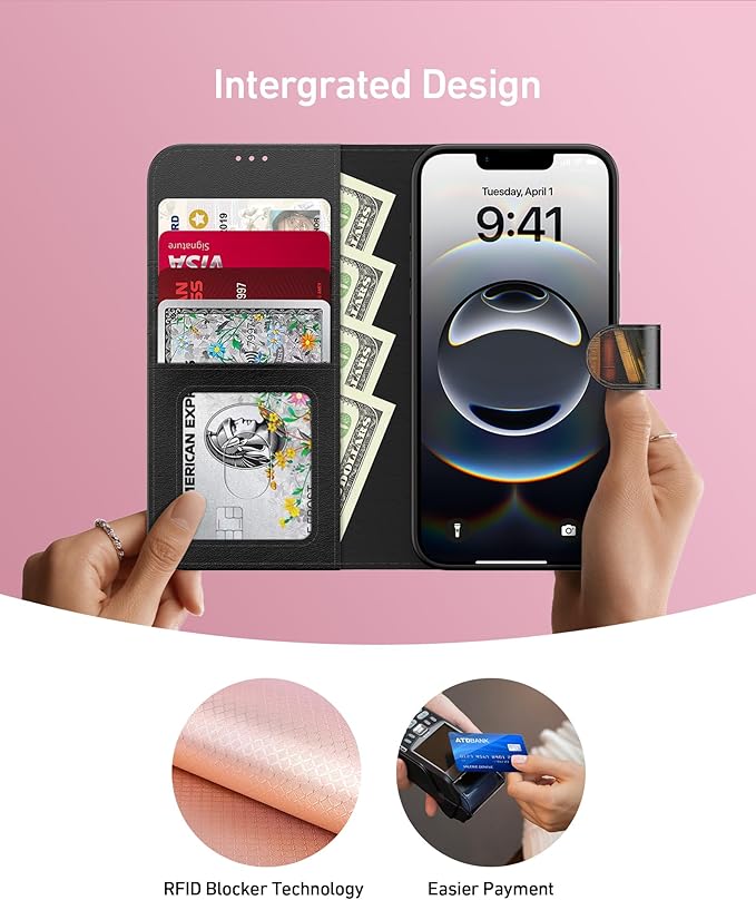 DEENAKIN for iPhone 16e Wallet Case with Card Holder + Cash Clip, RFID-Blocking, Military-Grade Drop Protection, Magnetic Closure with Leather Kickstand - Bookshelf Flowers