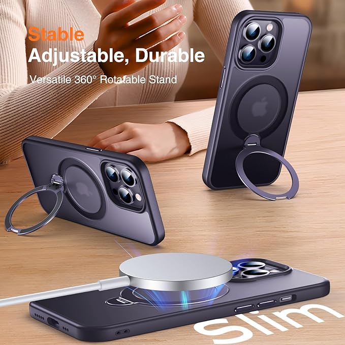 360° O-Ring MagStander for iPhone 14 Pro Case with Magnetic Kickstand Ring Holder [Compatible with MagSafe][360°Rotate Stand Ring][Military Shockproof] iPhone 14 Pro Phone Cover Matte Purple