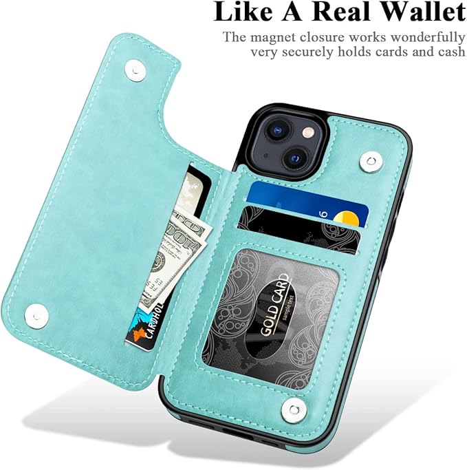 MMHUO for iPhone 14 Case with Card Holder, Flower Magnetic Back Flip Case for iPhone 14 Wallet Case for Women, Protective Case Phone Case for iPhone 14,Mint