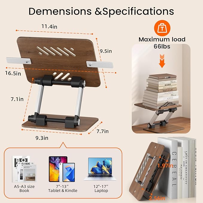 Upgraded Book Stand, Convenient Button Adjustable Book Holder Hands Free, 180° Flexible Lift, Expansion Bracket, Cookbook Stand with Elastic Page Clip, Display Stand for Recipes, Tablets and Laptops