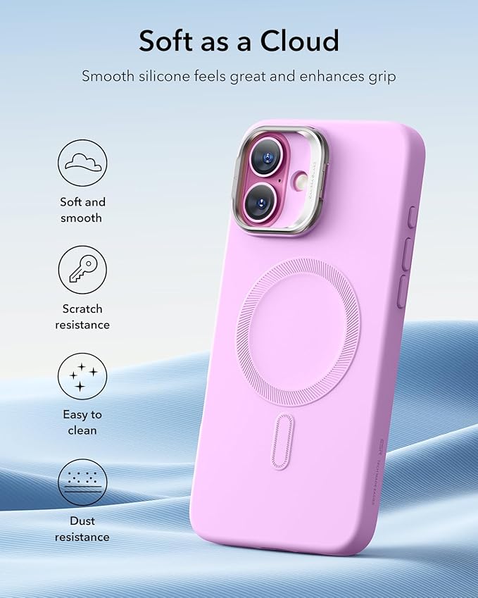 ESR for iPhone 16 Plus Case, Camera Control Button Silicone Case with Stand, Compatible with MagSafe, Built-in Camera Stash Stand, Magnetic Phone Case for iPhone 16 Pro Max, Cloud Series, Pink