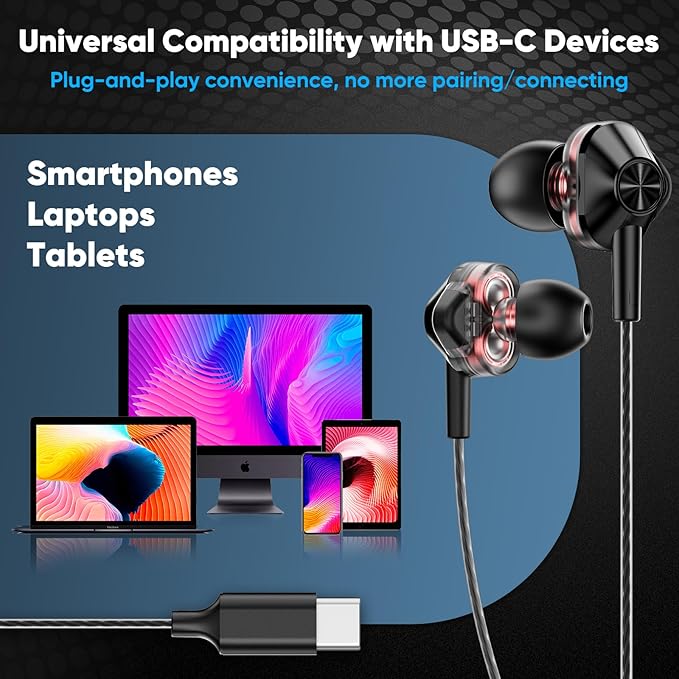 Dual Driver Hi-Fi Headphones with HD Microphone, USB-C Wired in-Ear Earbuds, Deep bass, Noise Isolation, Inline Control, for iPhone15/16, Samsung Smartphone, Android Phone, Laptop, USB Type C Device