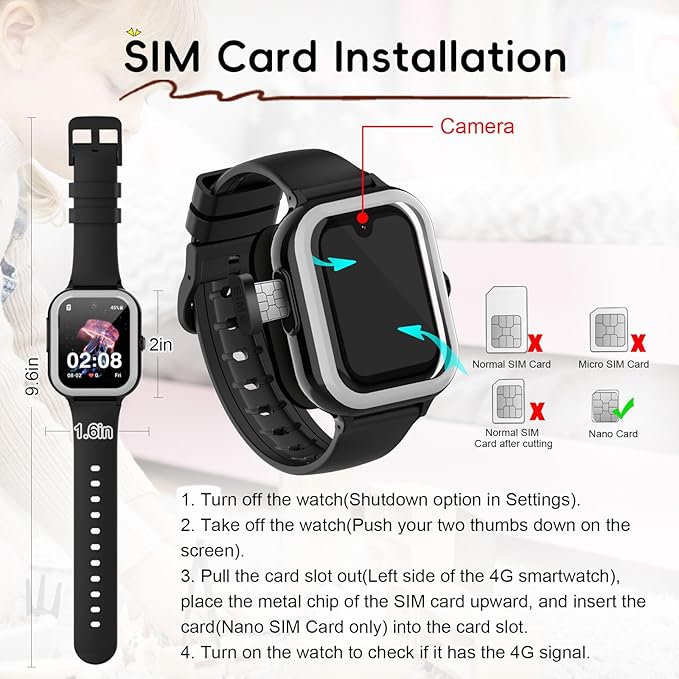 Wonlex 4G GPS Kids Smartwatch with SIM Card, 1.78" AMOLED Large Touch Screen Smart Watch for Kids, Boys Girls Phone Watch with Video Voice Calls, SOS, Camera, Pedometer, Alarm, Game(Black)