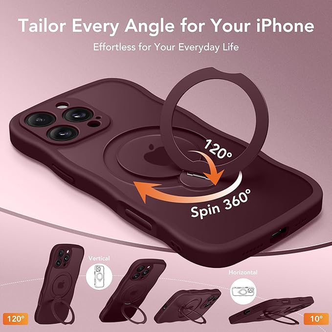 GolbinBox for iPhone 16 Pro Case for Women,[Compatible with Magsafe][360° Spin Magnetic Stand][Cute Wave Edge][Military-Grade Protection] Translucent Matte Phone Case for iPhone 16 Pro, Wine Red