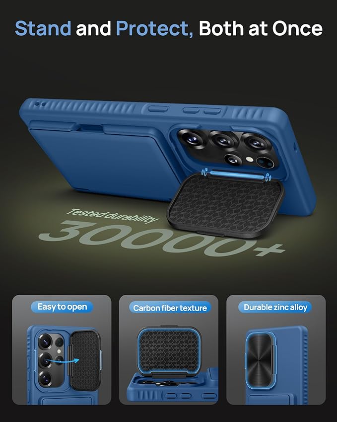 for Samsung Galaxy S25 Ultra Case with Card Holder, Built-in Stand & Camera Lens Cover, Shockproof Rugged Silicone Raised Edge Protective Wallet Phone Case for Samsung S25 Ultra 2025, Blue