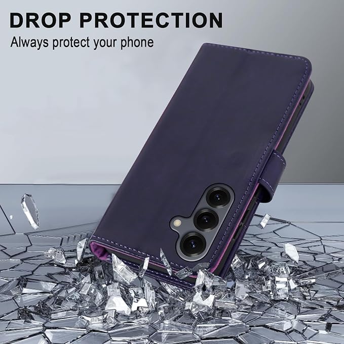 MONASAY Wallet Case Fit for Samsung Galaxy S25 5G, [Lens & Glass Screen Protector Included] [RFID Blocking] Flip Folio Leather Cell Phone Cover with Credit Card Holder, 6.2 inch, Purple