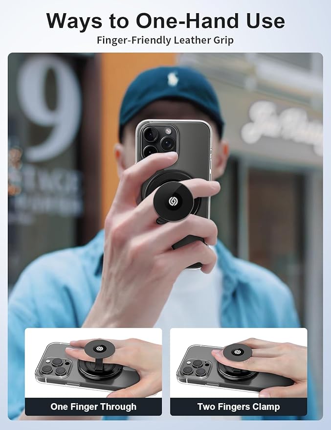 EWA MagOne Ultra (Plate Edition) Phone Grip Stand with Leather Finger Strap, Removable Magnetic Ring Holder Kickstand Loop, Double-Sided Magnetic Accessories for Phone-Black