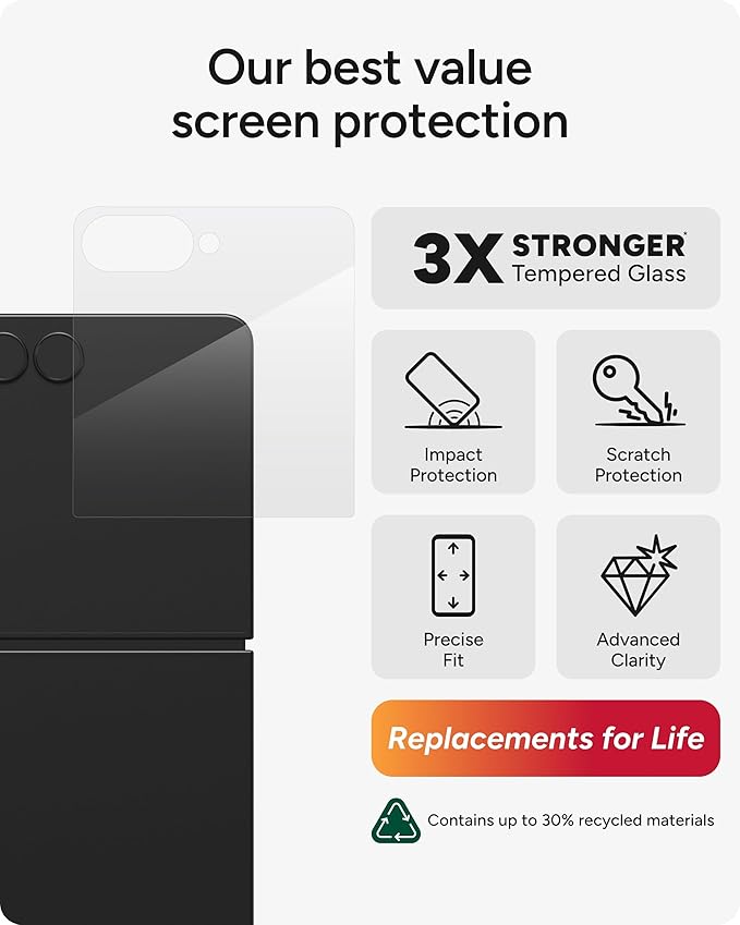 ZAGG Glass+ Samsung Galaxy Z Flip7 Screen Protector (Front Screen Only) – 3x Stronger, Scratch-Resistant, Smudge-Resistant, Fingerprint Scanner Compatible, InvisibleShield, Easy Installation