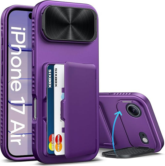 for iPhone Air Case, Built-in Card Holder & Stand & Lens Cover, Military Grade Drop Tested Soft Silicone Edge Rugged Kickstand Full Body Protective Wallet Phone Case for iPhone Air 2025, Purple