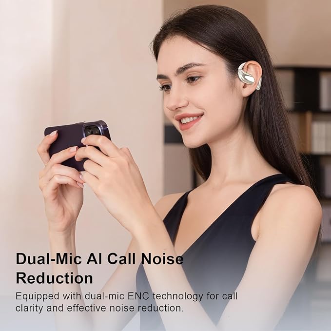 Open Ear Clip Wireless Earbuds Bone Conduction Headphones, Bluetooth 5.4,Open Ear Design,Built-in Mic, IPX5 Waterproof,LED Display Charging Case,Ear Hooks Ear Buds Design for Running Fitness ,Khaki﻿ ﻿
