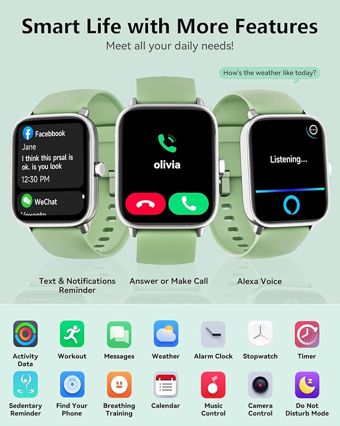 Smart Watches for Women/Men, Smart Watch for Android Phones and iPhone Compatible, Alexa Built-in, 1.8" Fitness Watches for Women, IP68 Waterproof/Bluetooth Call, Heart Rate/Sleep Monitor, Green