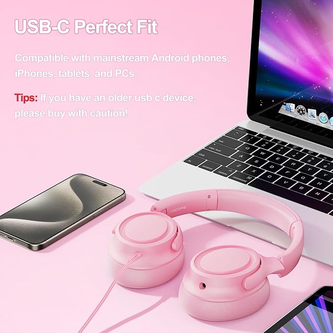 Wired Over-Ear Headphones with USB C Connector, Hi-Fi Stereo Sound, Noise-Isolating Ear Cups, Comfortable Fit for USB C Devices (No Bag, Pink)