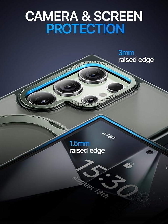 QTlier Phone case for Galaxy S24 Ultra- 360 Rotatable Magnetic Ring Stand, Military-Grade Protection, Raised Camera Frame Green