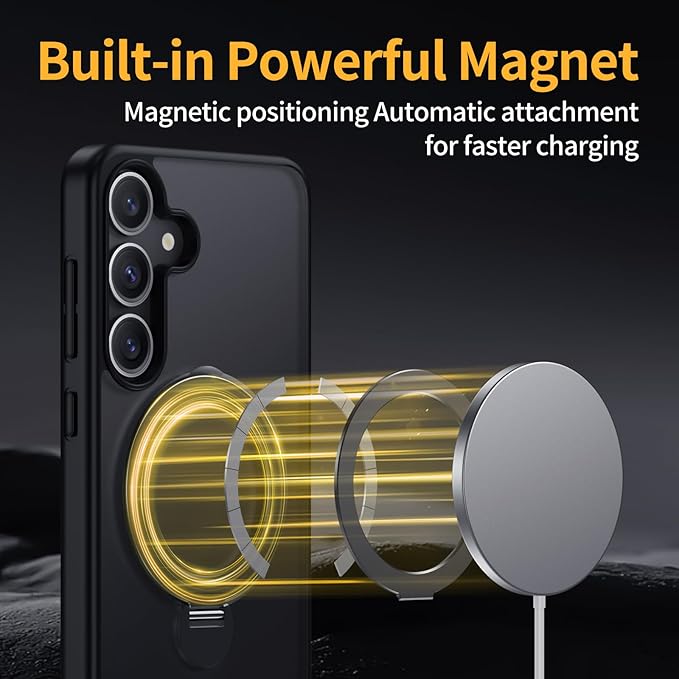 for Samsung Galaxy S25 Case,Compatible with Magsafe [Wireless Charging],with 360°Rotatable Magnetic Ring Stand Matte Translucent Slim Soft Edge Phone Kickstand,Black