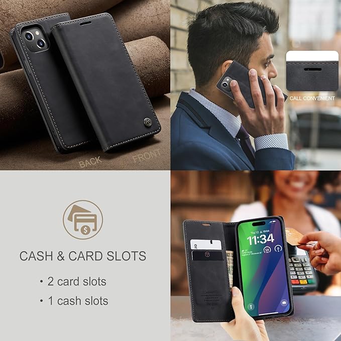 for iPhone 15 Plus Case, Flip Wallet Leather Case with Card Holder Magnetic Closure Shockproof Kickstand Protective Phone Cases Cover for iPhone 15 Plus, Black