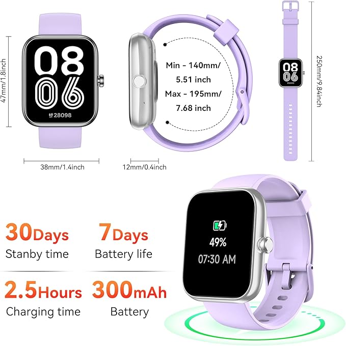 Smart Watch with Alexa Built-in, 1.83" HD Touchscreen, Bluetooth Calling Fitness Tracker, Health Monitor Heart Rate/Sleep Tracking, IP68 Waterproof, 120+ Sports Modes for Android iPhone (Purple)