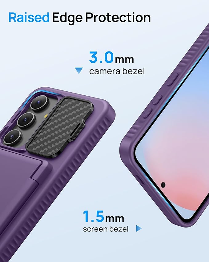 for Samsung Galaxy S24 Fe Case with Kickstand & Card Holder & Camera Lens Cover, Military Grade Drop Protection Shockproof Rugged Stand Wallet Phone Case for Galaxy S24 Fe 6.7" 2024, Purple