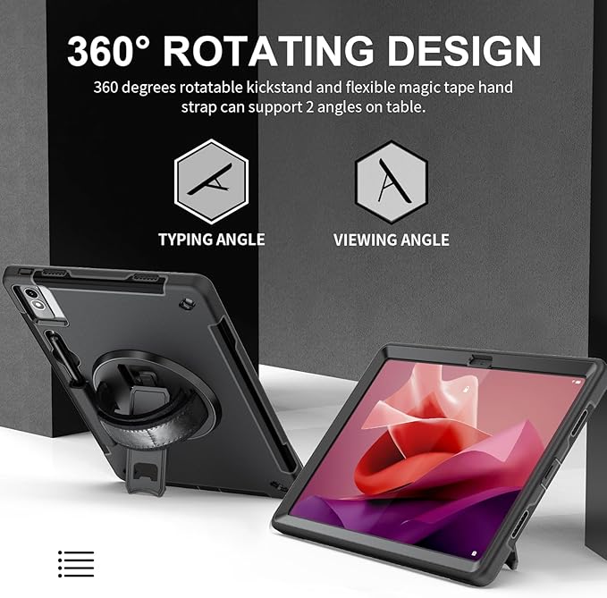 ZenRich Tablet Case for Lenovo Tab P12 12.7 Inch 2023/2024 Release, with 360° Rotating Kickstand, Hand Strap & Shoulder Belt - Heavy Duty Shockproof Rugged Protective Cover