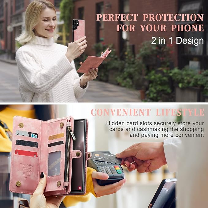SZHAIYU 2 in 1 Detachable for Samsung Galaxy S23 Ultra Wallet Case with Card Holder, Retro Premium Flip Leather Cover Magnetic Zipper Pocket Phone Cases 6.8'' (Pink,S23 Ultra)