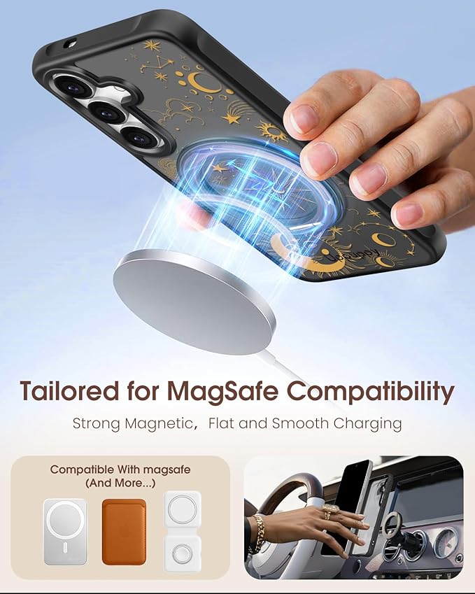 for Samsung Galaxy S25 Case with 360° Rotatable Magnetic Ring - Compatible with MagSafe, Semi-Transparent Soft-Touch Material Shockproof, Cute Sun Moon Star Design for Women Girl