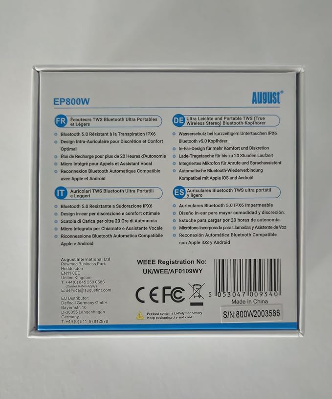 August True Wireless Earbuds EP800 - Bluetooth 5.0 Headphones with Wireless Charging Case IPX6 Waterproof / 25H Playback/Built-in Microphone/DSP Noise Reduction/Stereo Sound Earphones White