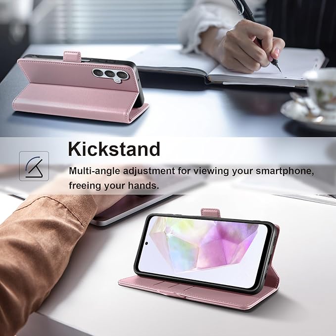 Wallet Flip Case for Samsung Galaxy A35 5G - [RFID Blocking] Luxury PU Leather Card Holder Magnetic Phone Cover with Kickstand,Shockproof Protective Case,Pink