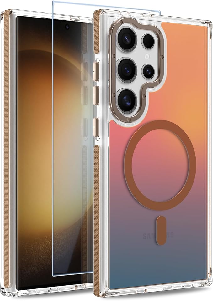 MOWIME Magnetic Case for Samsung Galaxy S23 Ultra [Compatible with Magsafe] [Cute Fashion Fluorescent Design] [1 Screen Protector] Slim Translucent Matte Case for Galaxy S23 Ultra 6.8", Desert