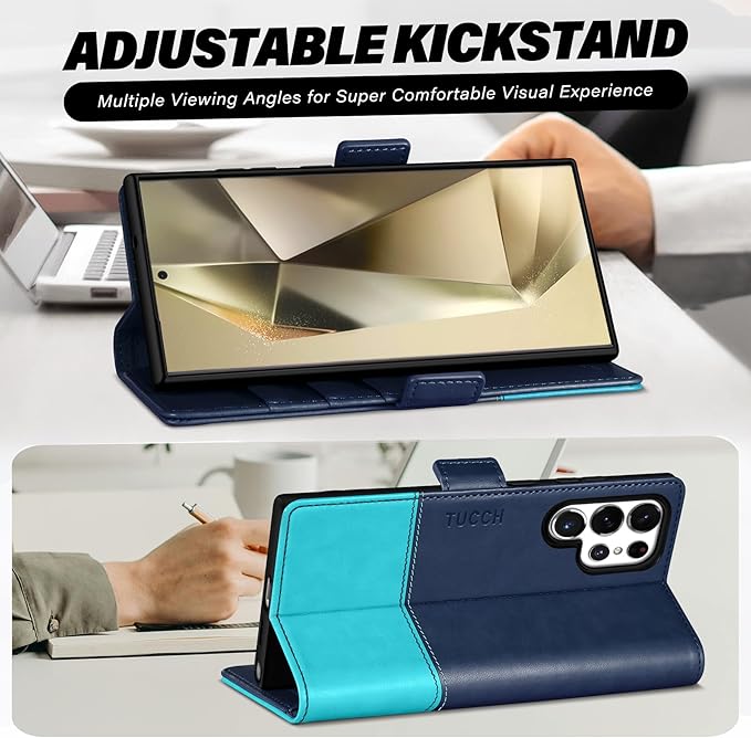 TUCCH Wallet Case for Galaxy S25 Ultra 5G, Magnetic PU Leather Kickstand [RFID Blocking] Card Slot Folio Cover with [TPU Shockproof Inner Shell] Compatible with Galaxy S25 Ultra, Blue & Lake Blue
