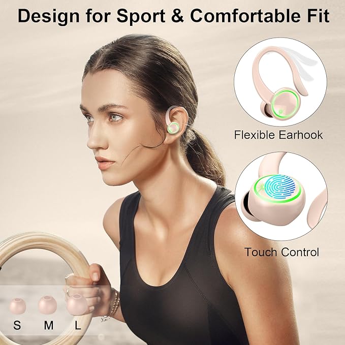 Wireless Earbuds, Bluetooth 5.4 Headphones Sports, 50H Playback Over-Ear Buds with ENC Noise Cancelling Mic, 3D HiFi Stereo Fitness Earphones with Earhooks, IP7 Waterproof Headset for Runing