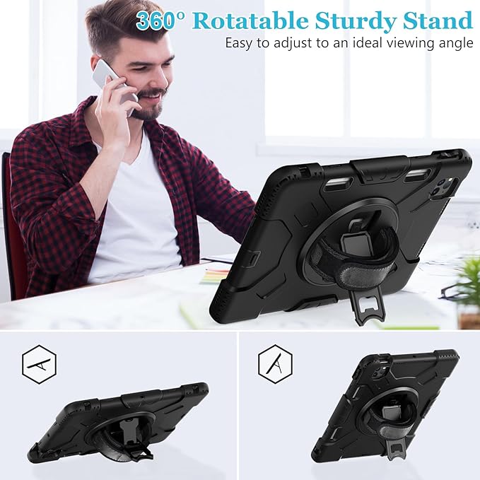 Case for iPad Pro 11 Inch (2022/2021/ 2020/2018): Silicone Cover for iPad 11 (4th/ 3rd/ 2nd/ 1st) Generation with Screen Protector- Stand- Handle- Shoulder Strap- Pencil Holder- Black