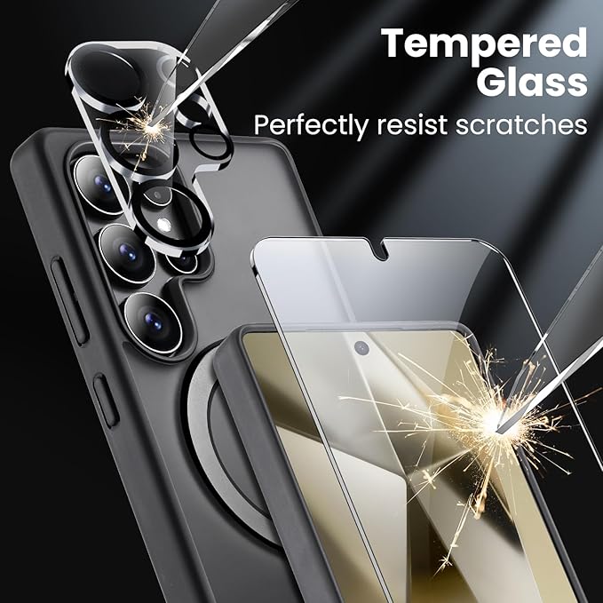 360° Rotatable Stand for Samsung Galaxy S25 Ultra Case Magnetic with Screen Protector X1 & Camera Lens Protector*1, Compatible with MagSafe, 16FT Mil-Grade Shockproof for S25 Ultra Case 6.9", Black