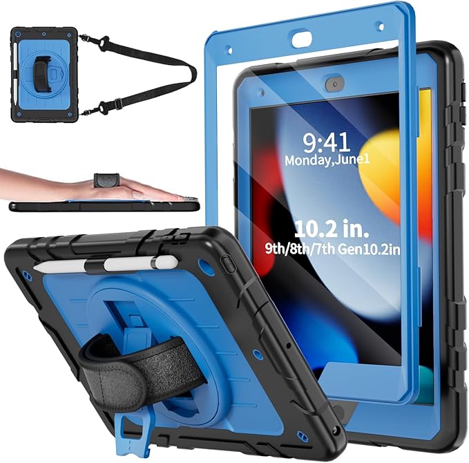 Case for iPad 9th/8th/7th Generation-Built-in Screen Protector,with Pencil Holder&360°Rotating Hand Strap,Shoulder Strap,Case for iPad 10.2 inch 2021-2019(Black/Sky Blue)