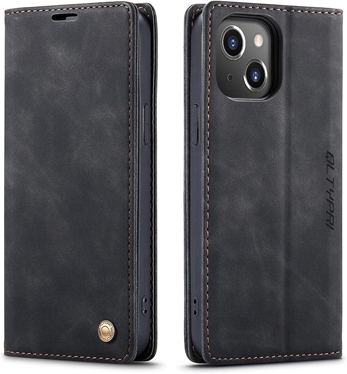 QLTYPRI Case for iPhone 14, Vintage PU Leather Wallet Case Card Slot Kickstand Magnetic Closure Shockproof Flip Folio Book Case Cover for iPhone 14(6.1 inch) - Black