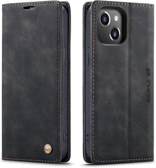 QLTYPRI Case for iPhone 14, Vintage PU Leather Wallet Case Card Slot Kickstand Magnetic Closure Shockproof Flip Folio Book Case Cover for iPhone 14(6.1 inch) - Black