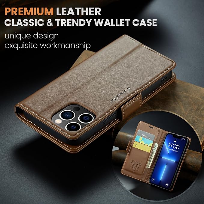 for iPhone 13 Pro Max Case, Premium PU Leather Wallet Case Flip Cover with [RFID Blocking][Card Holder][Stand Function] Shockproof Protective for iPhone 13 Pro Max, Brown