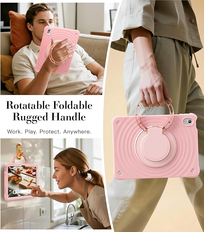 BRAECN Ripple Case for iPad (A16)11th/10th Generation 11/10.9 inch 2025/2022 Zinc Alloy Handle Ring Stand Protective Heavy Duty Screen Protector 360°Rotating 180°Folding Shoulder Strap Full-Body Cover