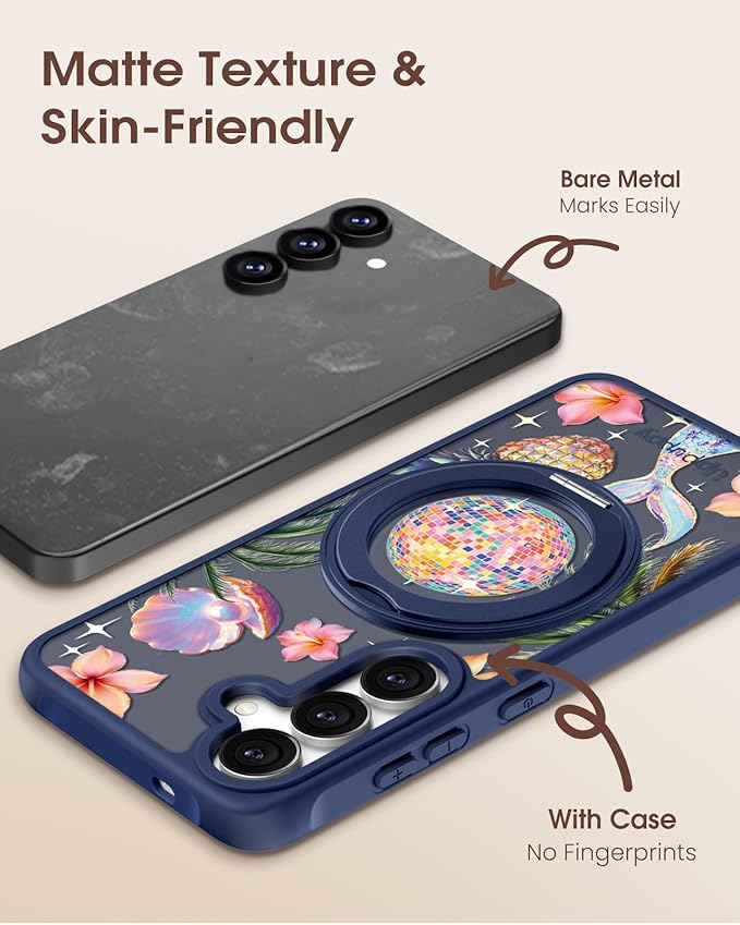 for Samsung Galaxy S25 Case with 360° Rotatable Magnetic Ring - Compatible with MagSafe, Semi-Transparent Anti-Fingerprint Soft-Touch Material Shockproof, Cute Y2K Design for Women Girl